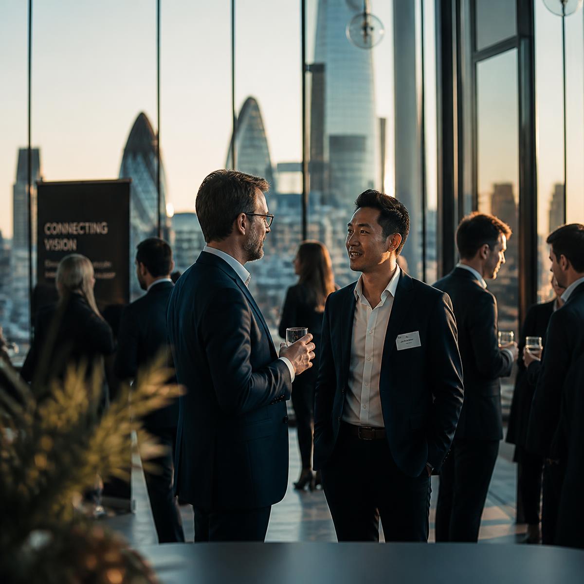Professionals networking at a Networx London event with the city skyline behind